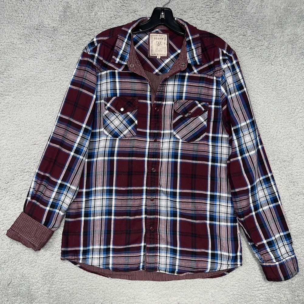 Guess Shirt Men's Sz Large Burgundy Plaid Flannel Pearl Snap Button Up Cowboy
